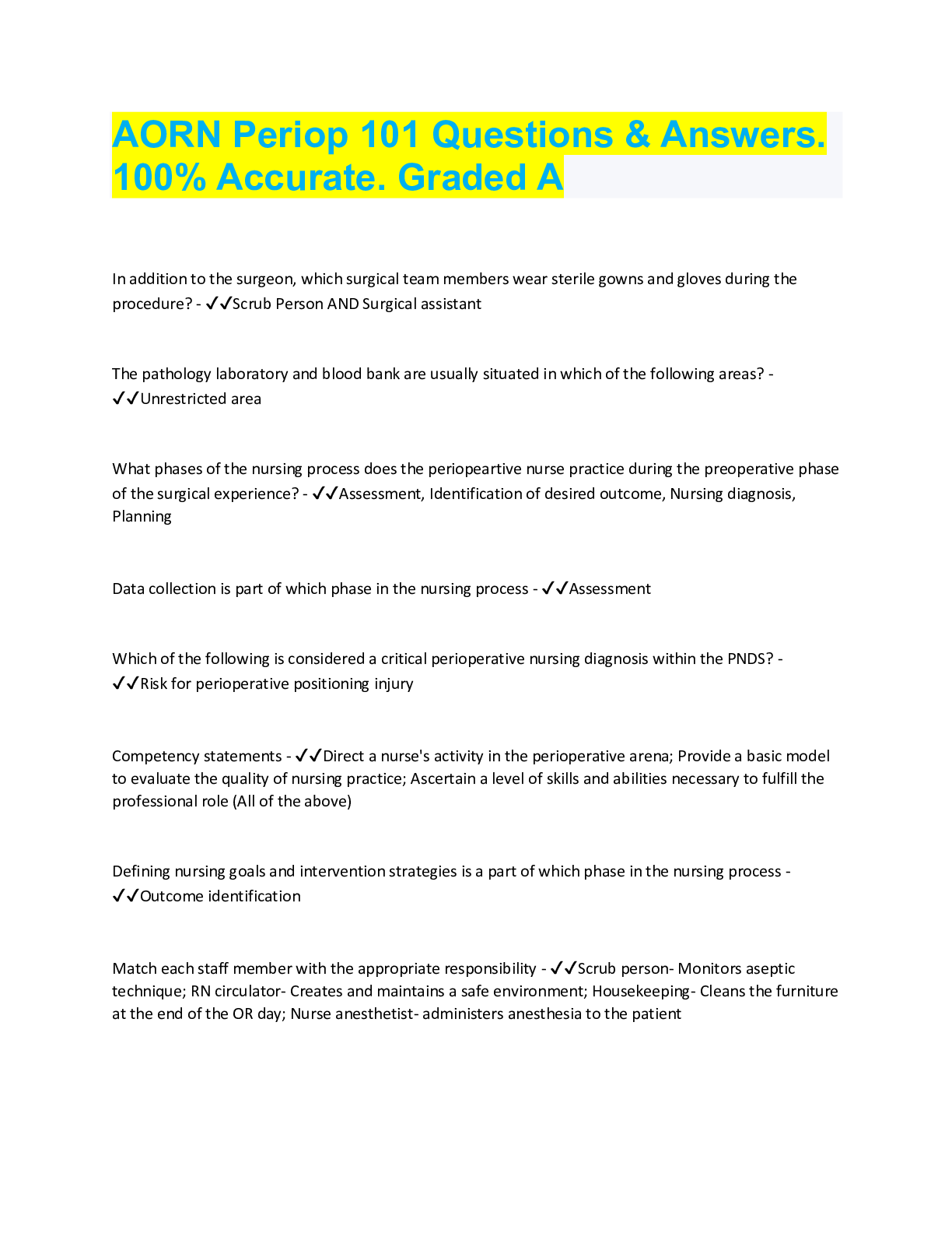 Preview image for AORN Periop 101 Questions & Answers.  100% Accurate. Graded A